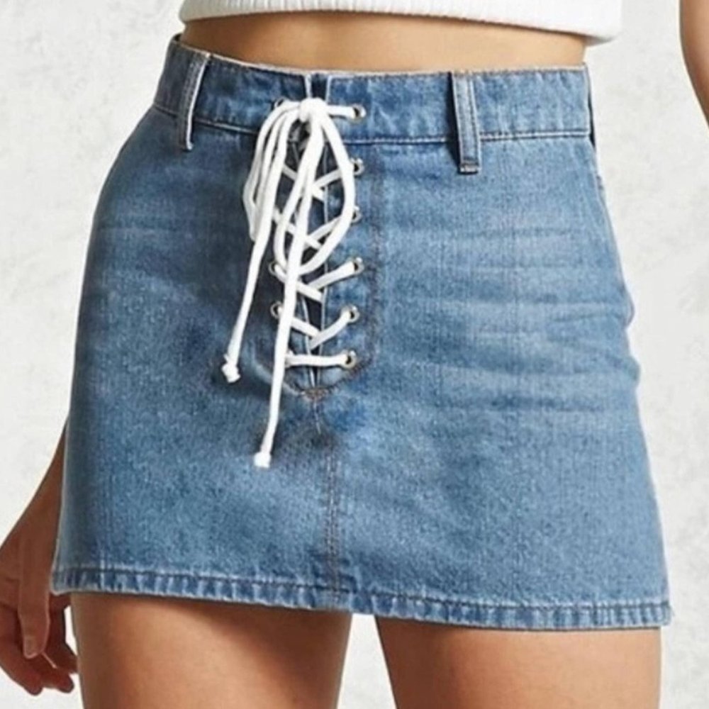 FOREVER 21 [S] Denim Lace Up Forever 21 Mini Skirt